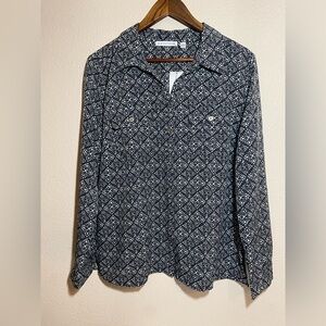 VTG Boho Notations Large Womens Button Down Shirt Polyester Spandex Long Sleeve